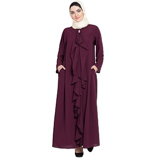 Front open frill abaya-Wine